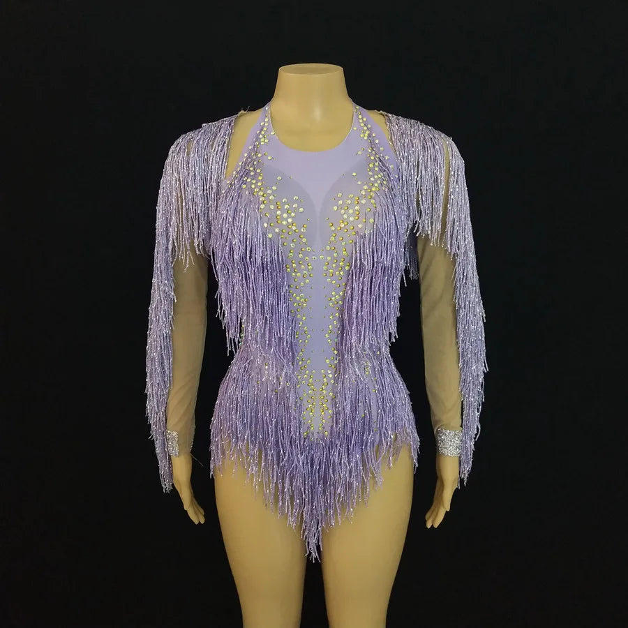 Sparkly Crystal Purple Tassel Showgirl Bodysuit Set – Glamour Stage Fringe Performance Costume