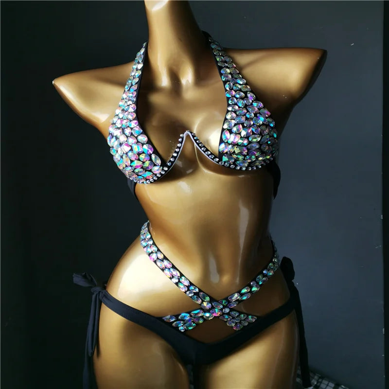 The Venus Vacation High-Waist Bikini – Classic Diamond Rhinestone Showgirl Set