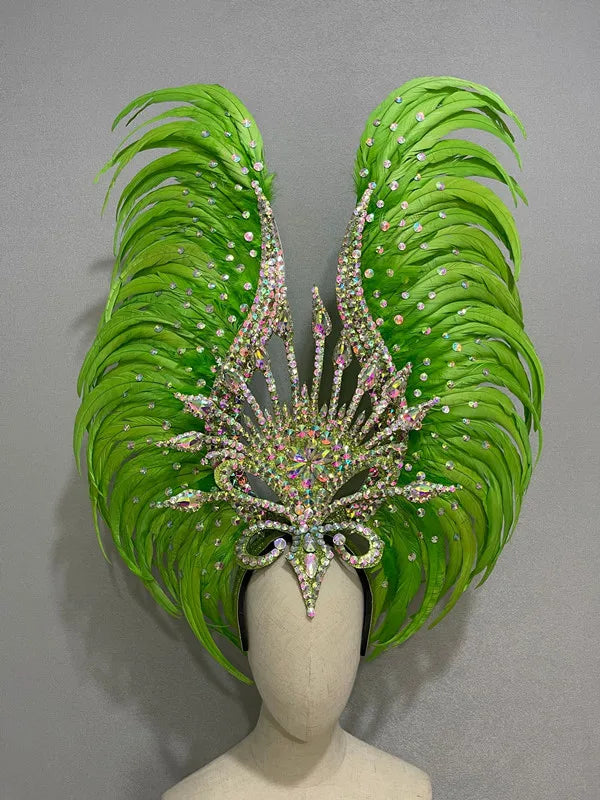The Stardust Vertigo – Emerald Green Feathered Carnival & Samba Headdress