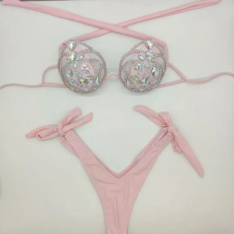 The Venus Vacation Hollow-Out Bikini – Diamond Lattice Showgirl Swim Set