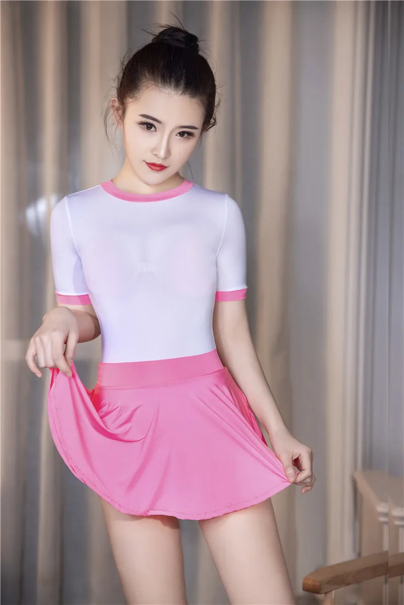 Shiny Sheer A-Line Pleated Micro Mini Skirt & Matching Bodysuit Set