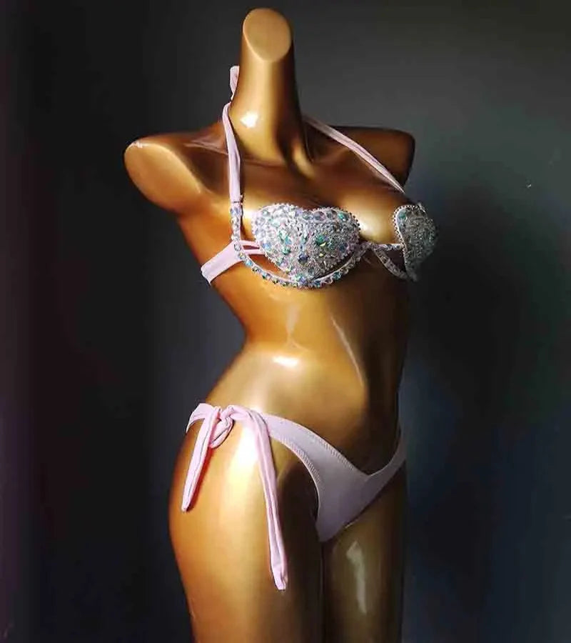 The Venus Vacation Deep-V Bikini – Luxe Rhinestone Embellished Showgirl Swim Set