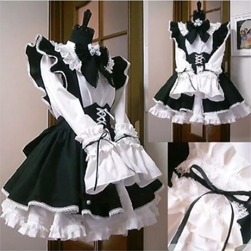 Women Maid Lolita Cosplay Costume – Black & White Apron Dress