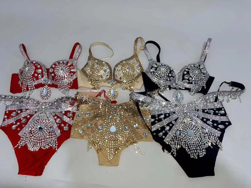 Sparkly Rhinestone Beading Tassel Bikini Sexy Nightclub Stage Wear Fringe Bra High Waist Short DJ Rave Outfit Nightclub Costume
