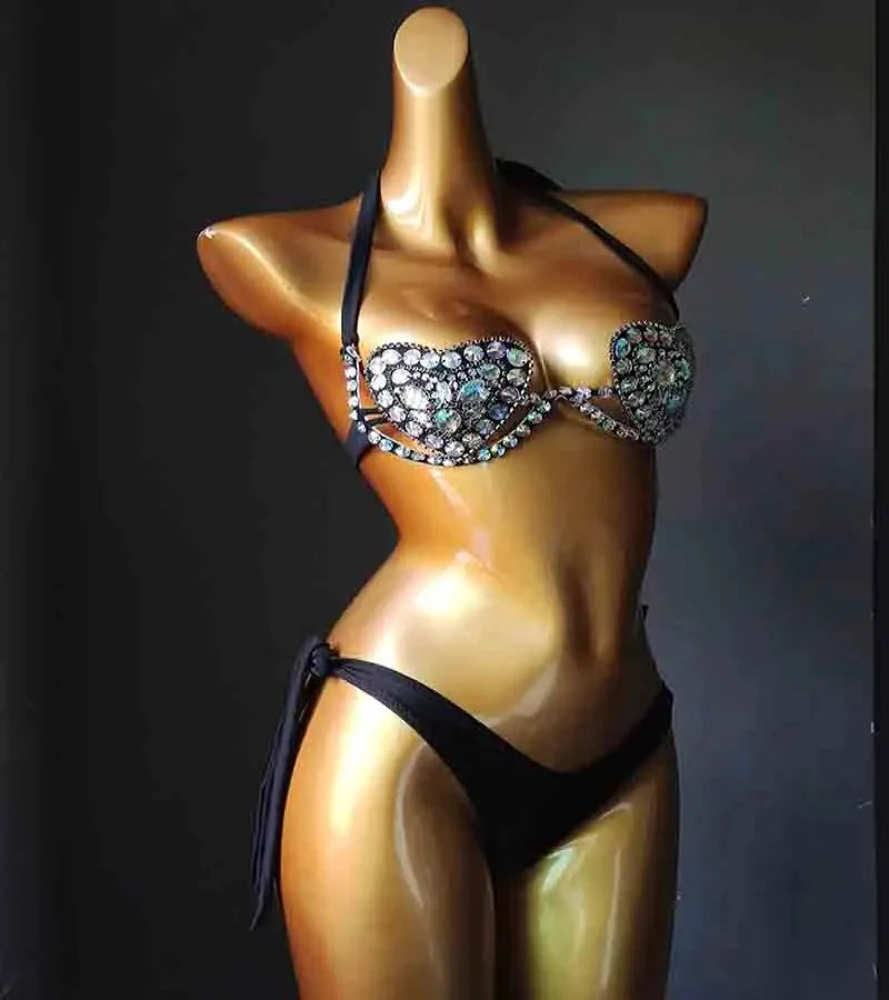 The Venus Vacation Deep-V Bikini – Luxe Rhinestone Embellished Showgirl Swim Set