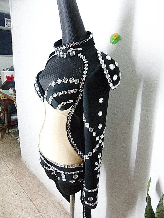 Rhinestone Swallowtail Showgirl Bodysuit – Tuxedo Tails Stage Performance Costume