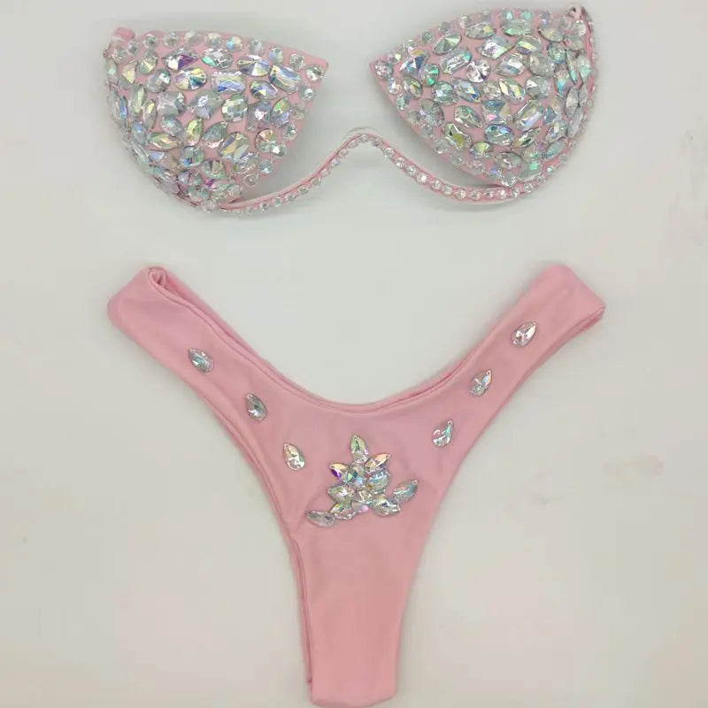 Luxury Rhinestone Performance Bikini Set – Shimmering Crystal Push-Up Stage Costume & Bling Two-Piece for GoGo Dancers, Festivals & Raves