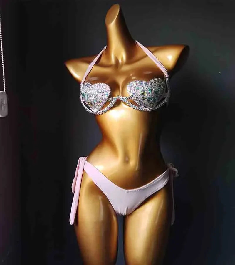 The Venus Vacation Deep-V Bikini – Luxe Rhinestone Embellished Showgirl Swim Set