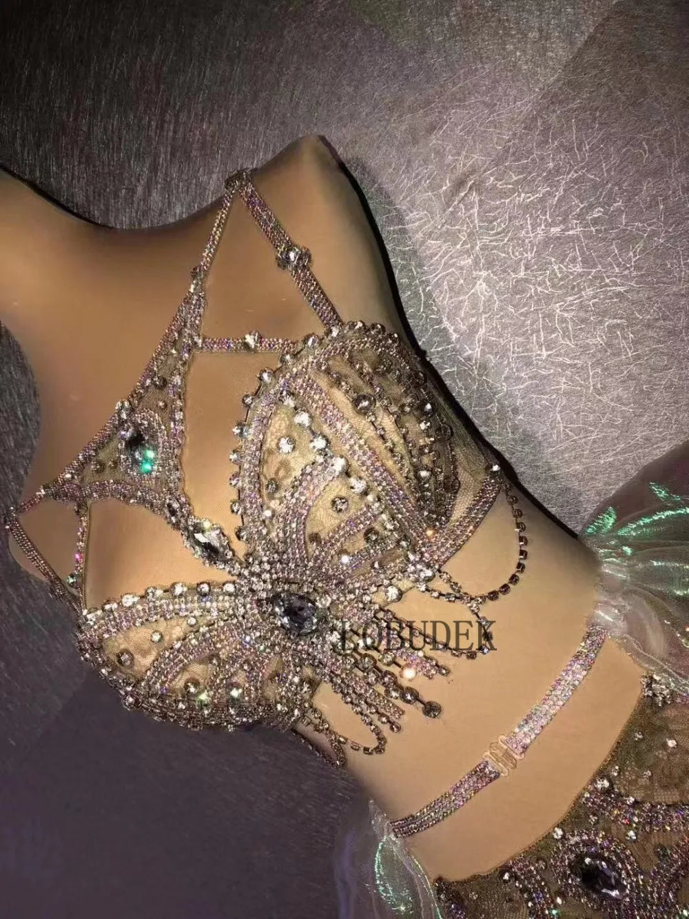 Sexy Nightclub DJ Pole Dance Bikini Costume Silver Rhinestones Rhinestones Chains Bra Shorts Skirt Rave Outfits Festival Clothes