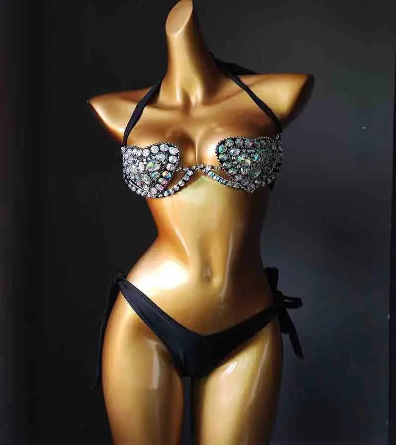 The Venus Vacation Deep-V Bikini – Luxe Rhinestone Embellished Showgirl Swim Set