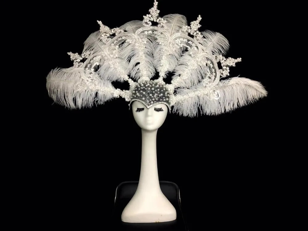 The Stardust Empress Royale – Deluxe Pearl, Lace & Feather Showgirl Headdress Crown