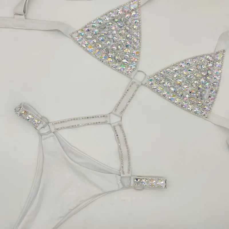 The Siren Strappy Rhinestone Bikini – Crystal Diamond Cutout Showgirl Set