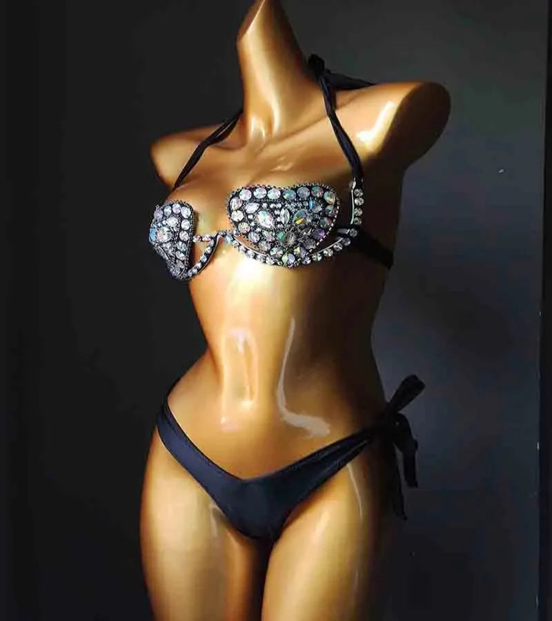 The Venus Vacation Deep-V Bikini – Luxe Rhinestone Embellished Showgirl Swim Set