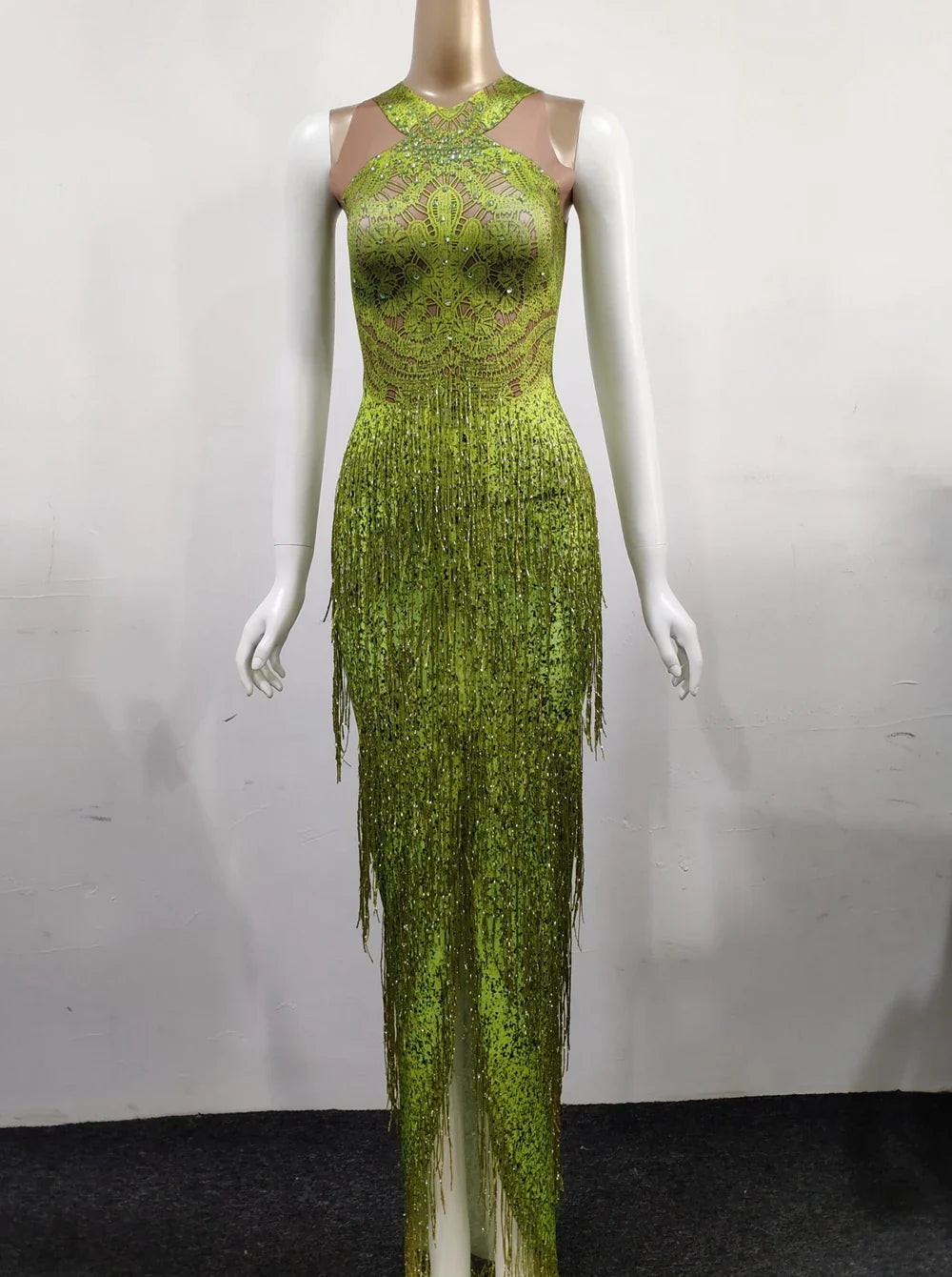 Sparkly Lime Green Rhinestone & Tassel Fringe Bodycon Dress Stage Performance Costume
