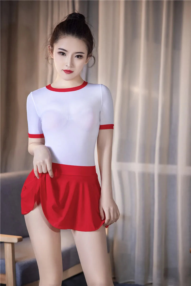 Shiny Sheer A-Line Pleated Micro Mini Skirt & Matching Bodysuit Set