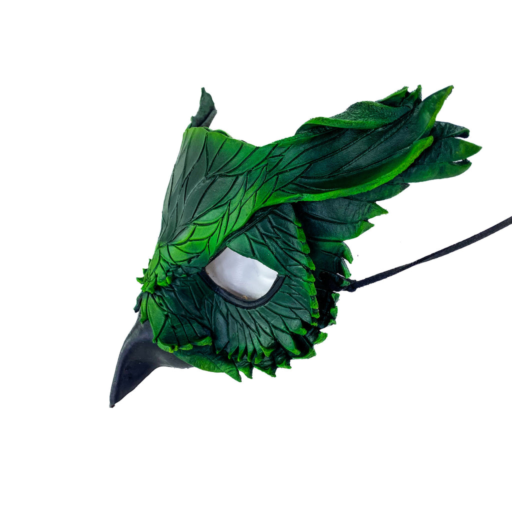 Layered Horned Owl Handmade Genuine Leather Mask in Green