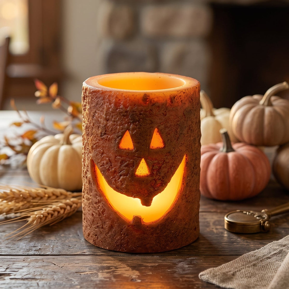 Jack O Lantern Timer Pillar Candle 4" Fall Decor