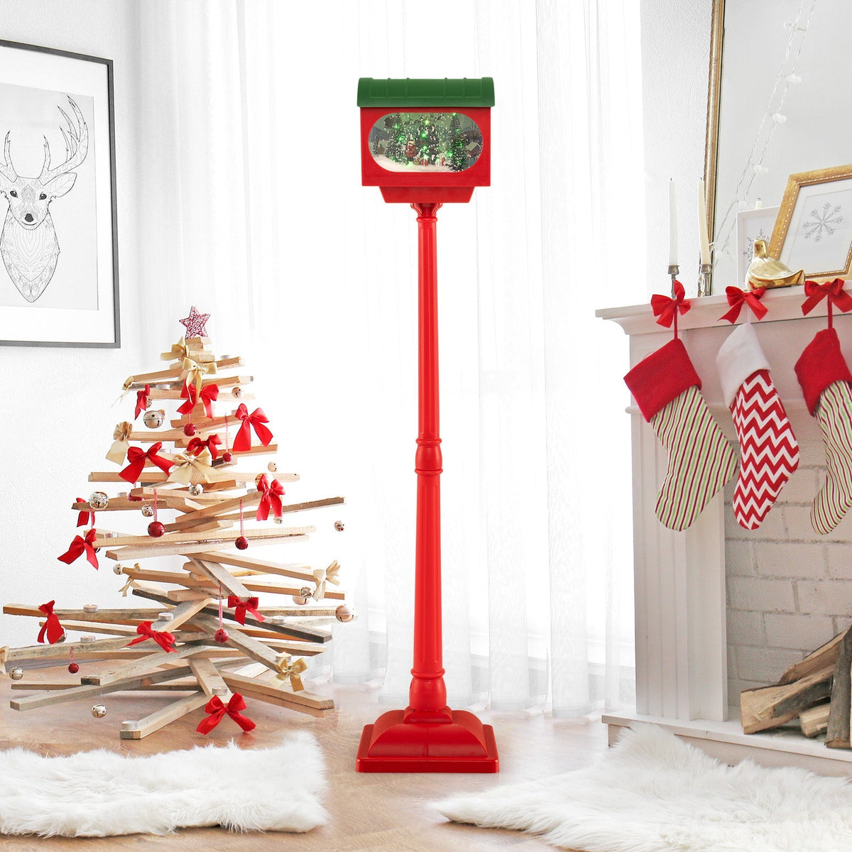 59 Inch Christmas Street Lamp with Sound-Activated Snow Globe Lantern-Red