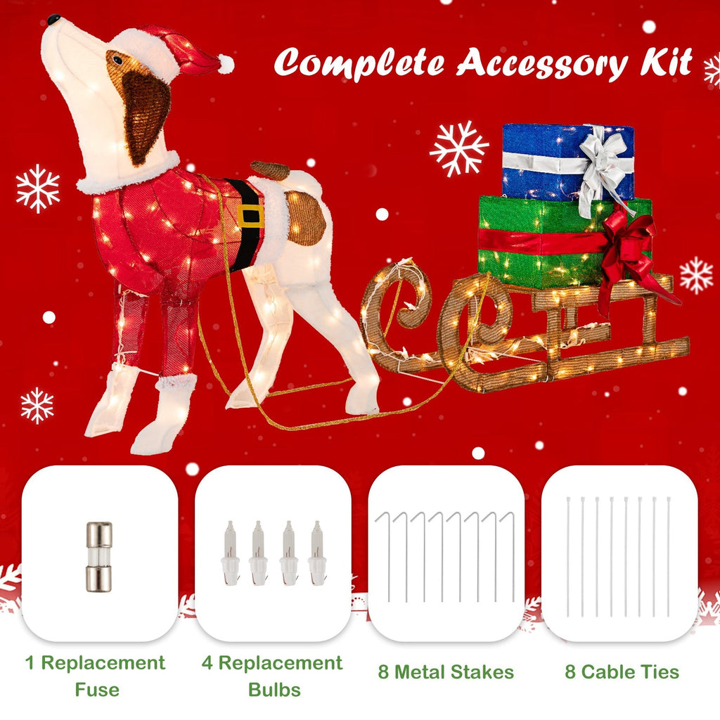 Outdoor Pre-lit Xmas Dog and Sleigh with 170 Warm Bright Lights for Porch