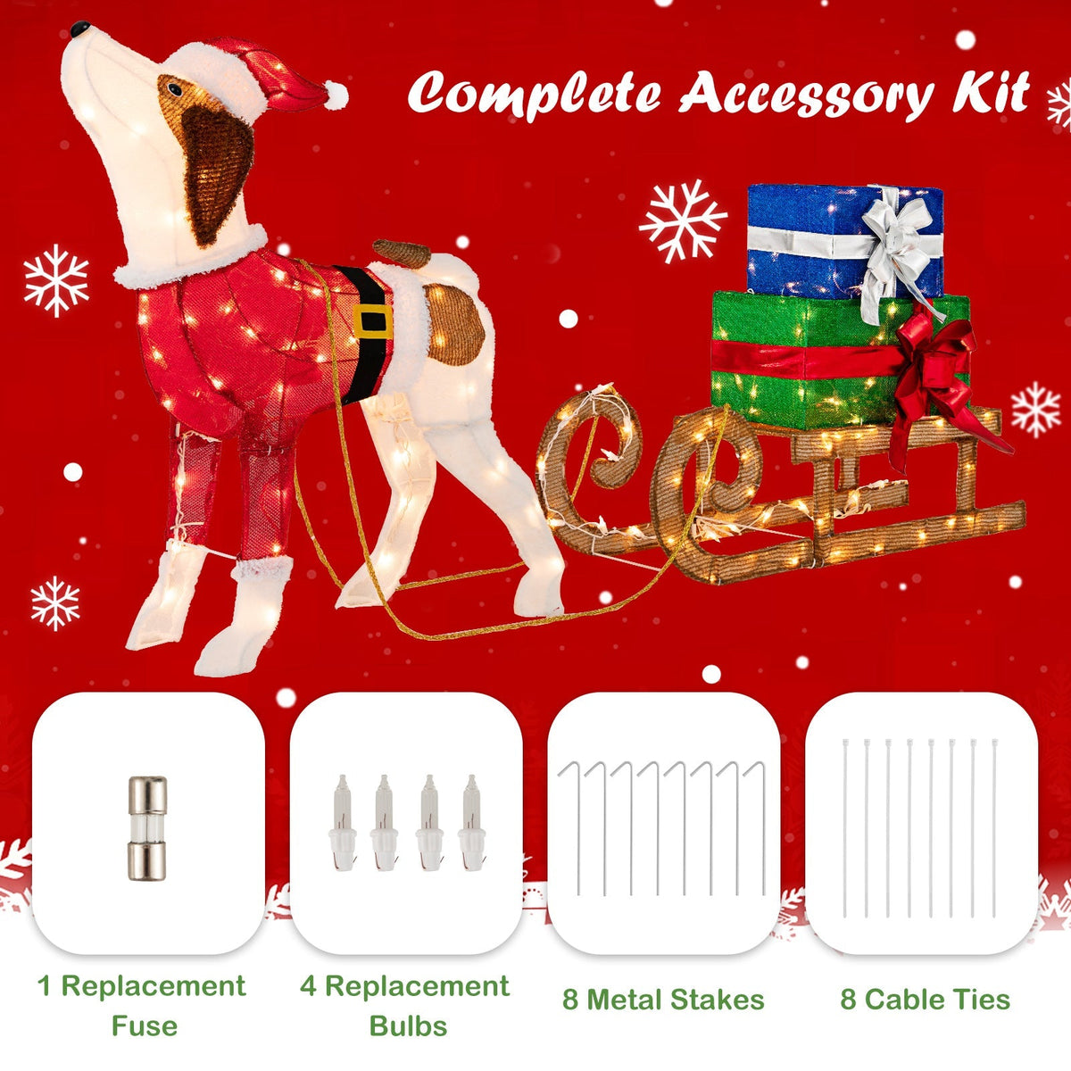 Outdoor Pre-lit Xmas Dog and Sleigh with 170 Warm Bright Lights for Porch