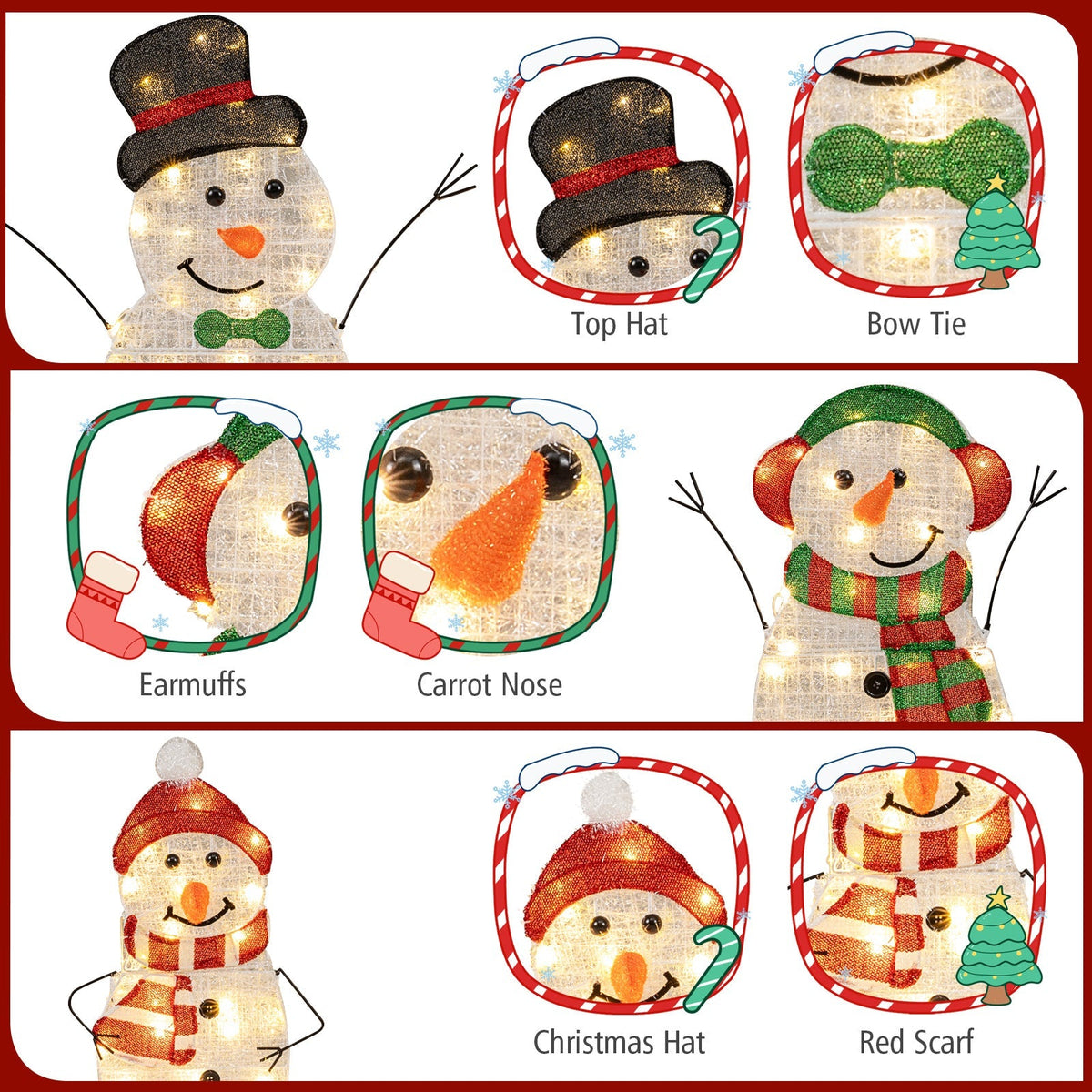 Lighted Snowman Family Christmas Decoration 3-Piece Pre-Lit 2D Snowman Set