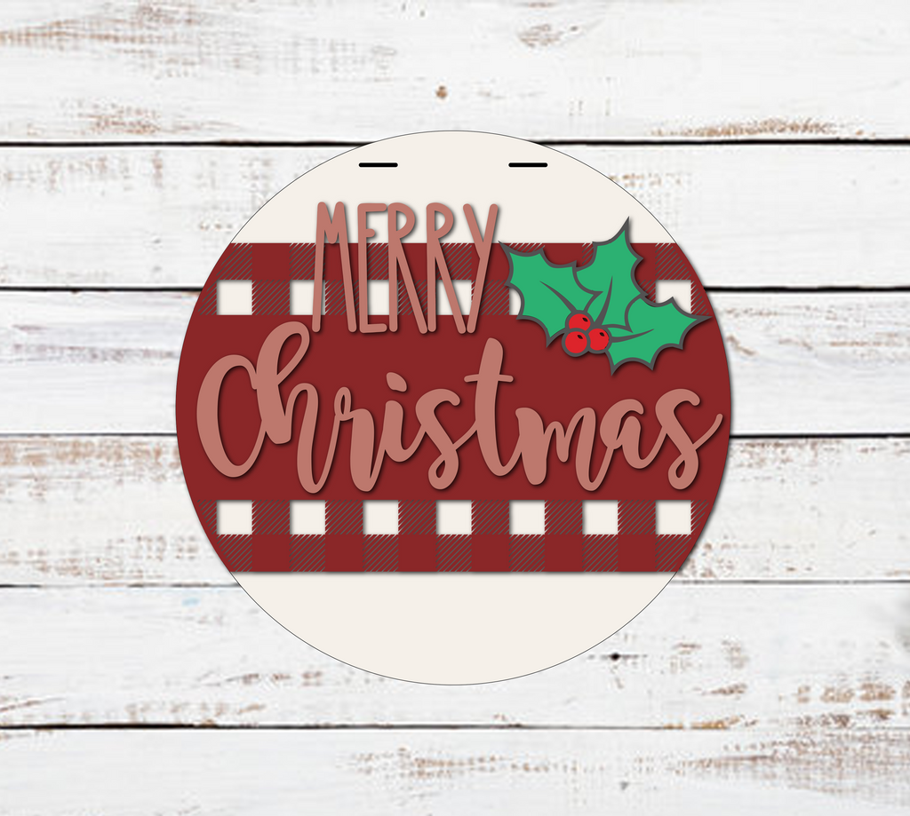 MERRY Christmas Holly Buffalo Plaid Door Hanger Unfinished Kit