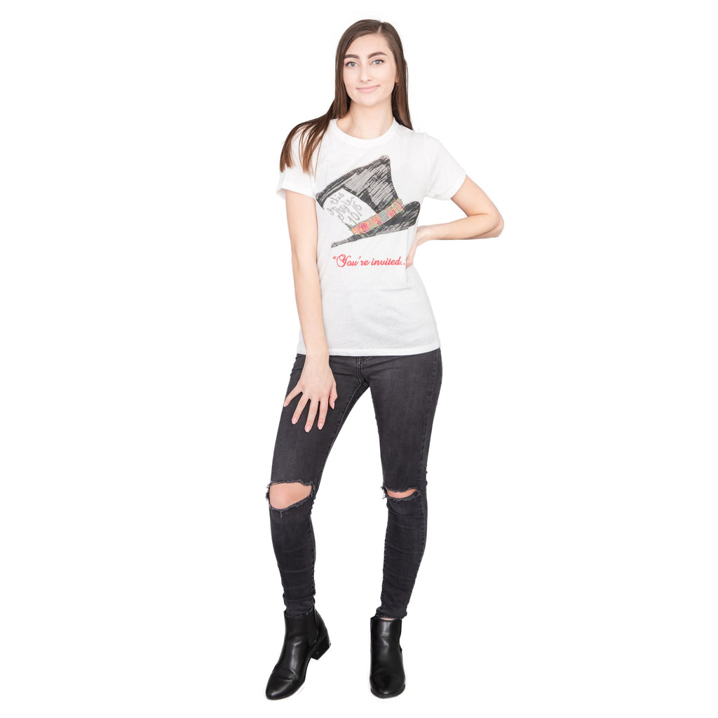 Mad Hatter You're Invited Juniors T-shirt