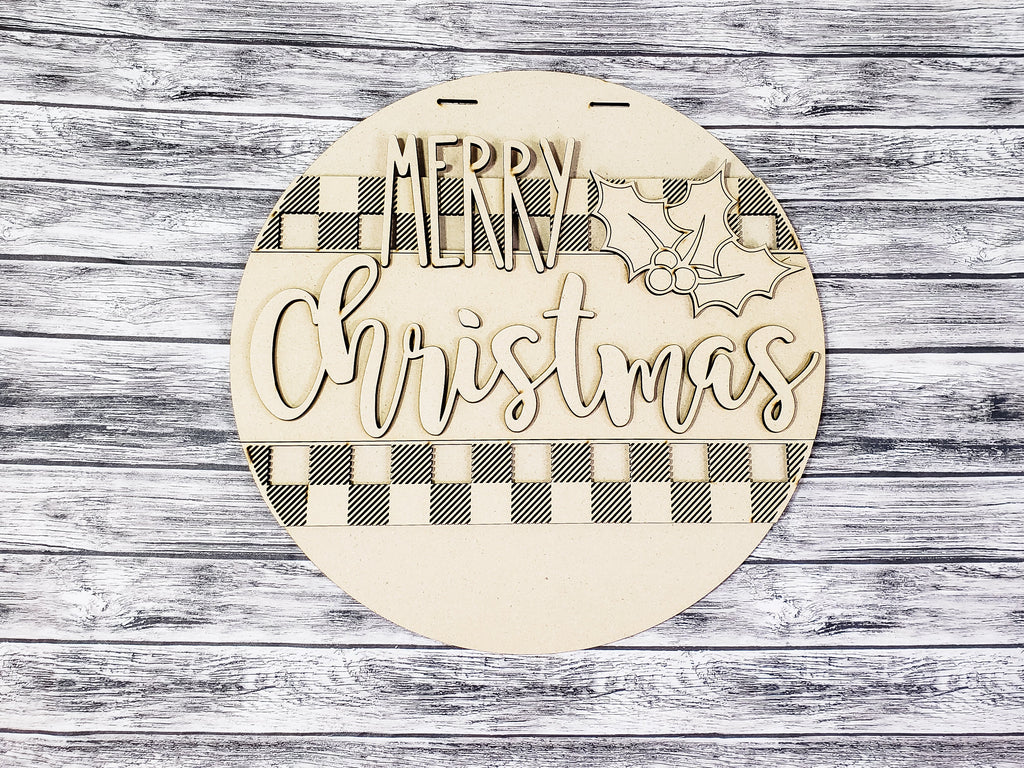 MERRY Christmas Holly Buffalo Plaid Door Hanger Unfinished Kit