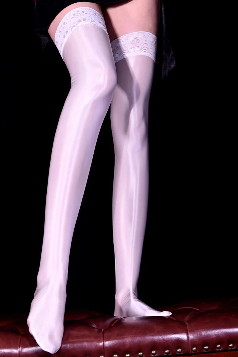 80D Lace Trim Oil Shiny Thigh-High Stockings Glossy Shaping Lingerie Stockings