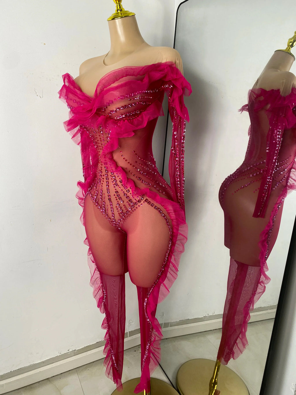 Sparkly Diamonds Women Long Sleeve See Through Mesh Tight Jumpsuit Costume Nightclub Dancer Outfit Performance Stage Wear