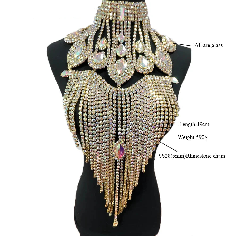 Long Rhinestone Tassel Fringe Crystal Drop Chocker Necklace Body Jewelry