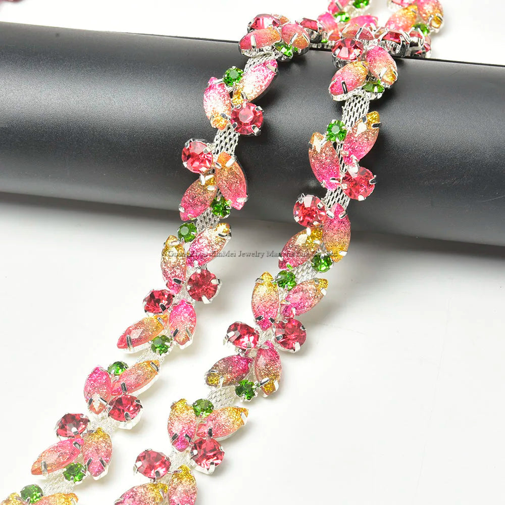 The Stardust Pink Blossom – Glitter Pink Leaf Glass Rhinestone Chain & Trim Applique