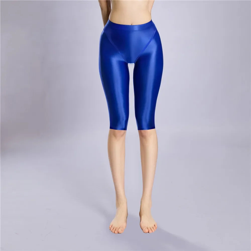 Women's Oil Glossy Sheer High-Waist Shaping Shorts Satin Smooth Leggings