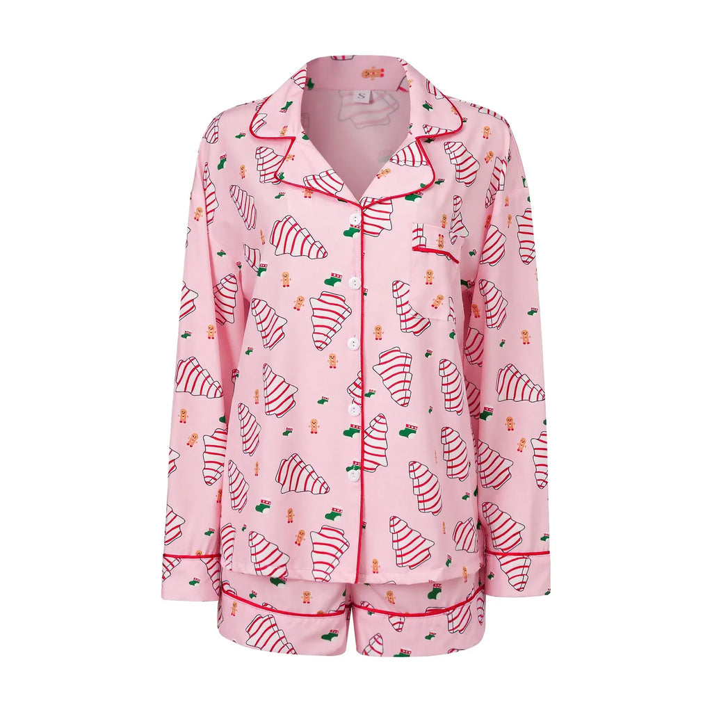 Women's Christmas Two Pieces Pajama Set Long Sleeve Lapel Santa Claus/Christmas Tree Print Shirt Shorts Loose Sleepwear