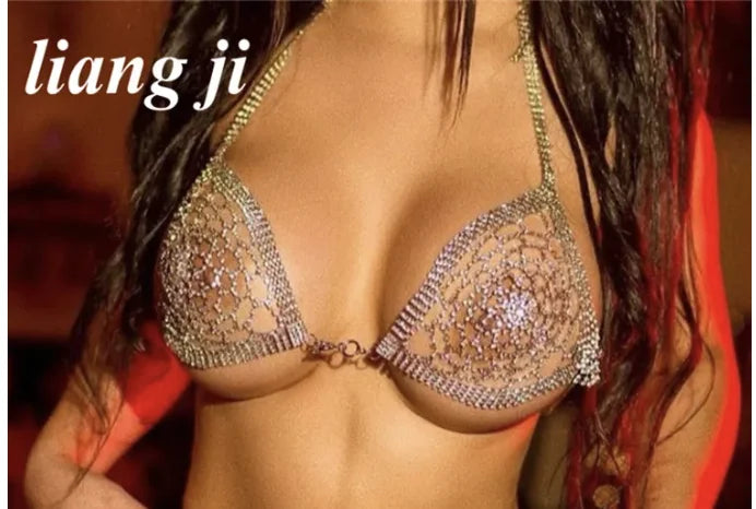 Dazzling Grid-Pattern Crystal Bikini Bra Chain & Tassel Skirt Set