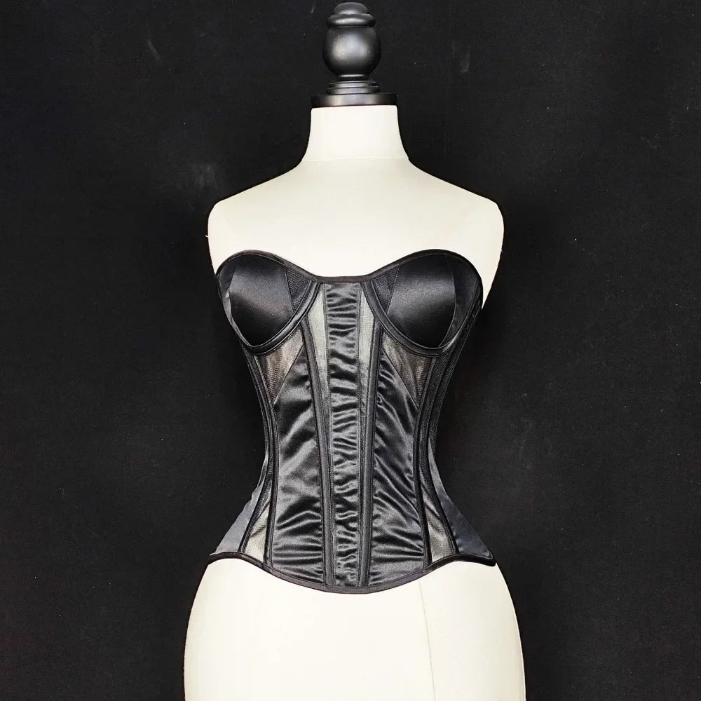 Strapless Breathable Mesh Corset Bustier Built-In Bra Boned Waist Cincher Top