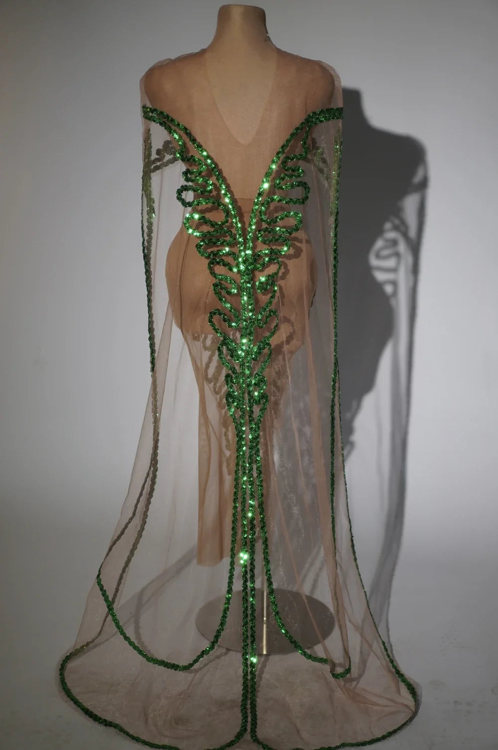 Sparkly Green Sequin Sheer Mesh Evening Gown with Cloak Stage Performance Costume