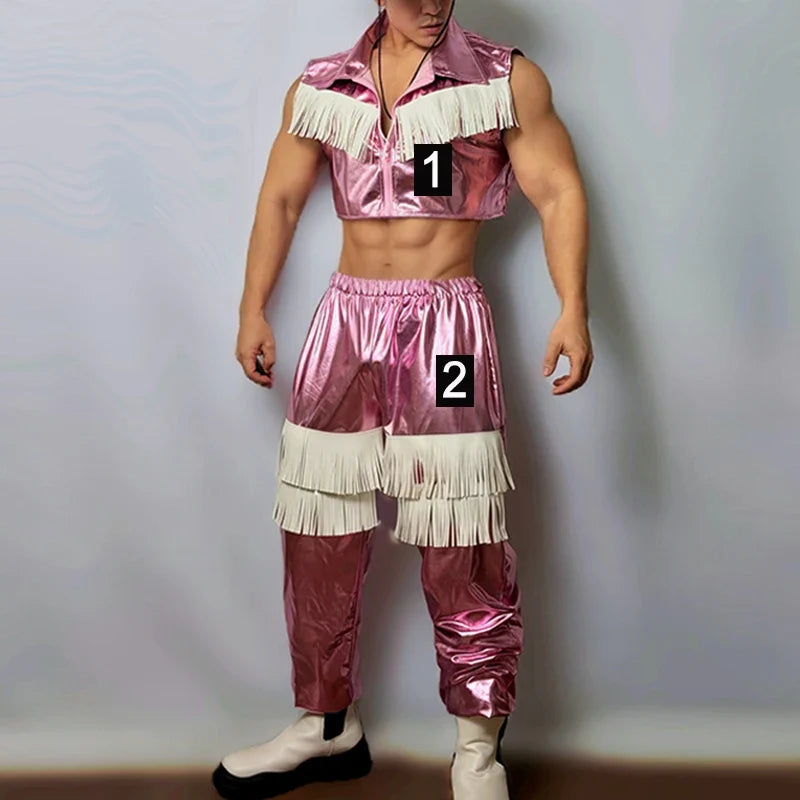Men's Pink Western Cowboy Fringe Stage Outfit & Gogo Dance Performance Costume