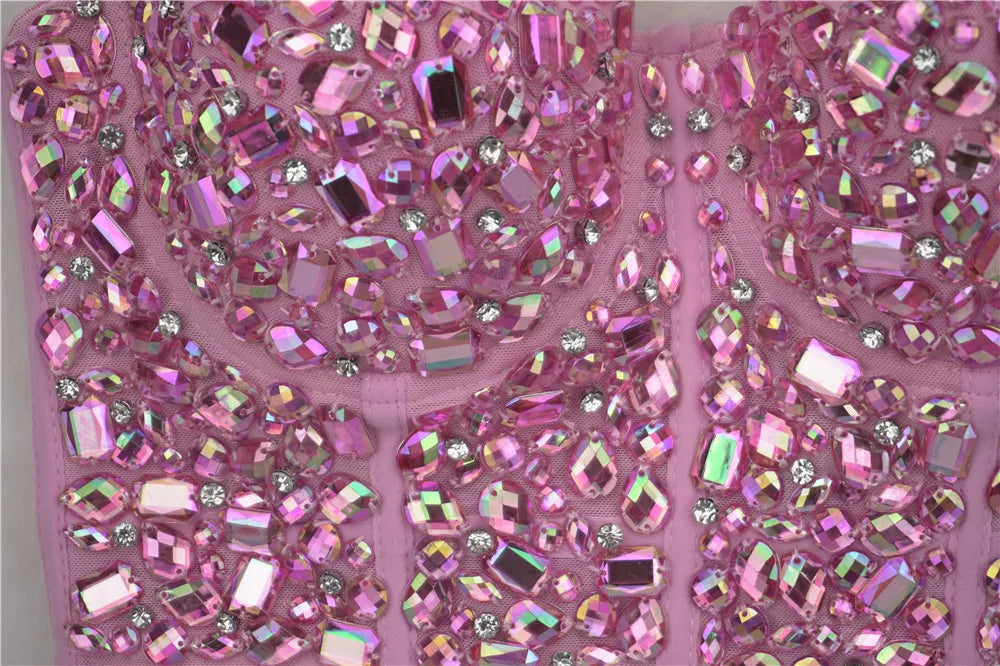 The Stardust Prism Siren – Sparkly Pink Rhinestone & Beaded Bustier Corset Crop Top