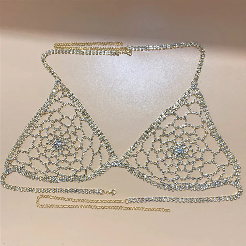 Dazzling Grid-Pattern Crystal Bikini Bra Chain & Tassel Skirt Set