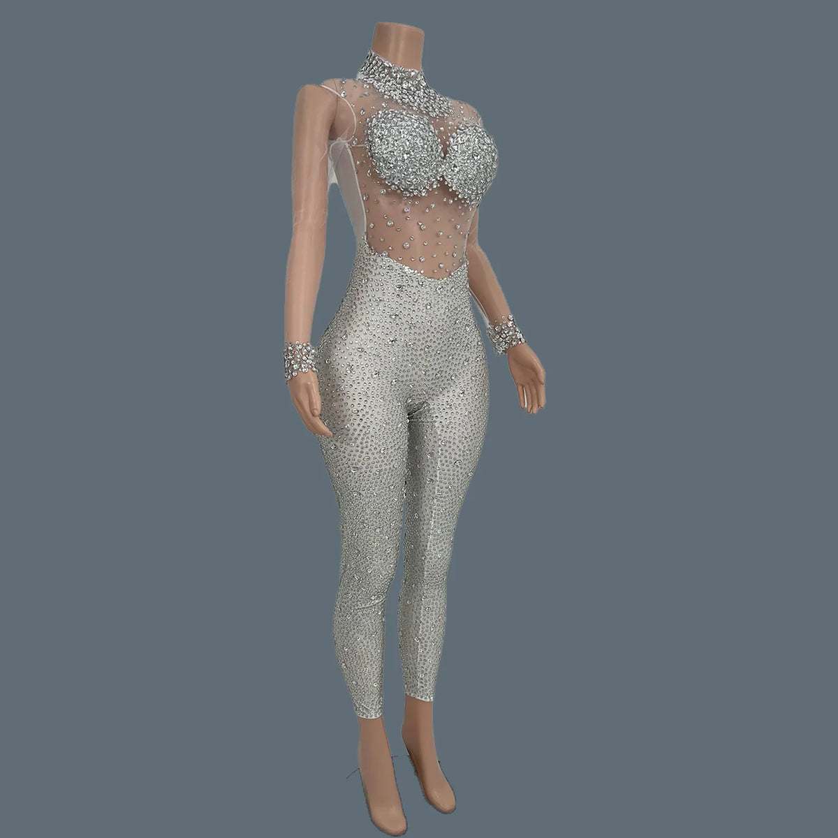 Sparkly Crystal Mesh Sheer Illusion Jumpsuit Stage Catsuit Costume