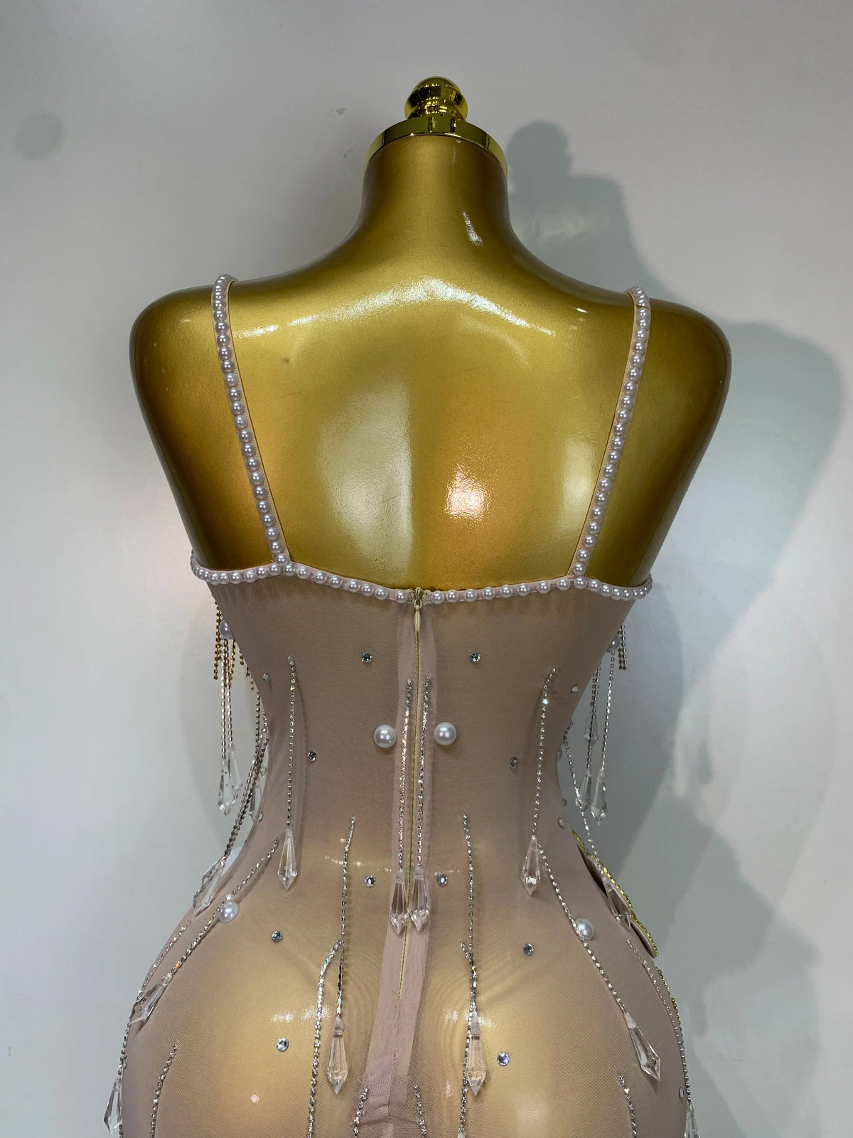 Colorful Rhinestone Pearl Sheer Dress & Two-Piece Mini Skirt Set Celebration Outfit