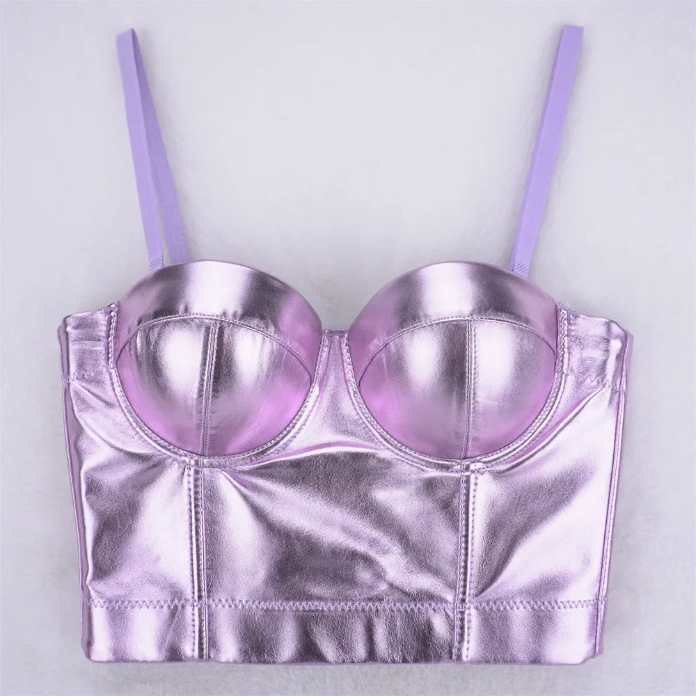 Purple Metallic PU Leather Bustier Corset Crop Top High Street Bralette