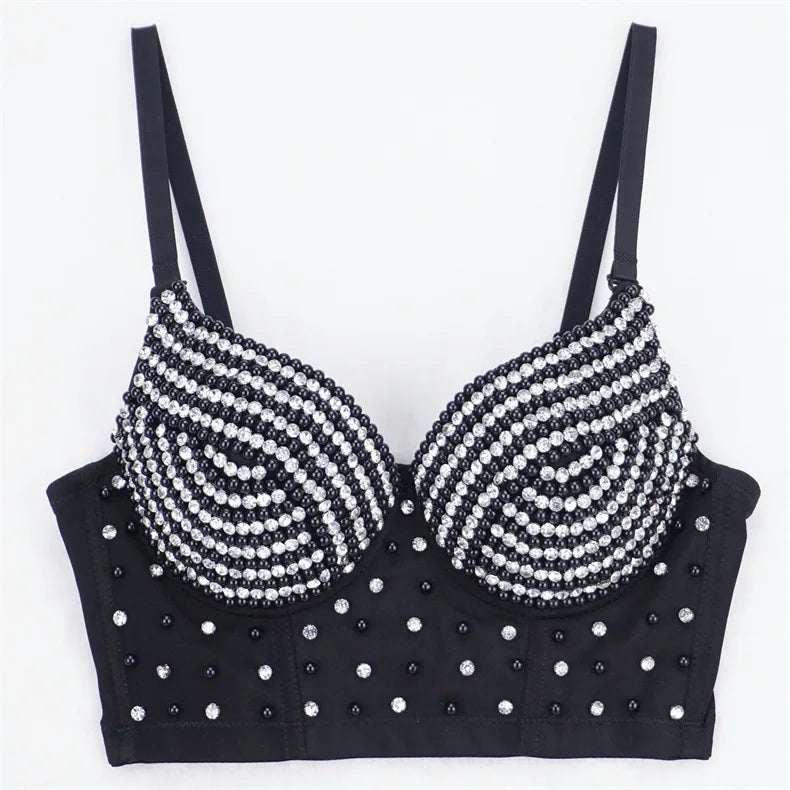 Rhinestone Beaded Bustier Corset Crop Top High Fashion Evening Party Bralette