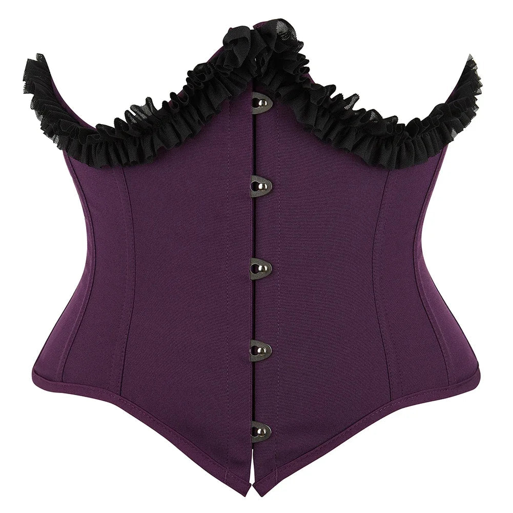 Gothic Underbust Corset Bustier Lace Ruffle Trim Front Busk Waist Cincher
