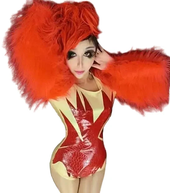 Sultry Red Feather Showgirl Bodysuit & Stage Costume Set