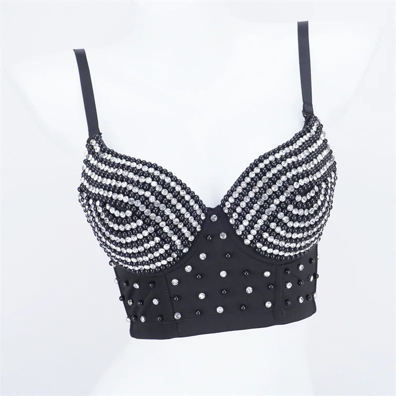 Rhinestone Beaded Bustier Corset Crop Top High Fashion Evening Party Bralette
