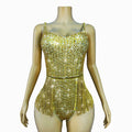 Gold Crystal Rhinestone Chain High-Cut Stage Performance Bodysuit Leotard