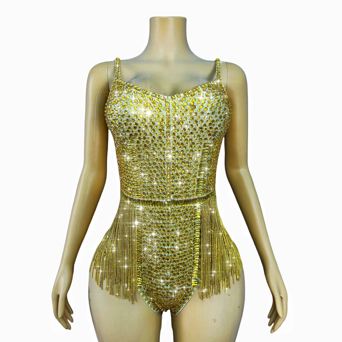 Gold Crystal Rhinestone Chain High-Cut Stage Performance Bodysuit Leotard