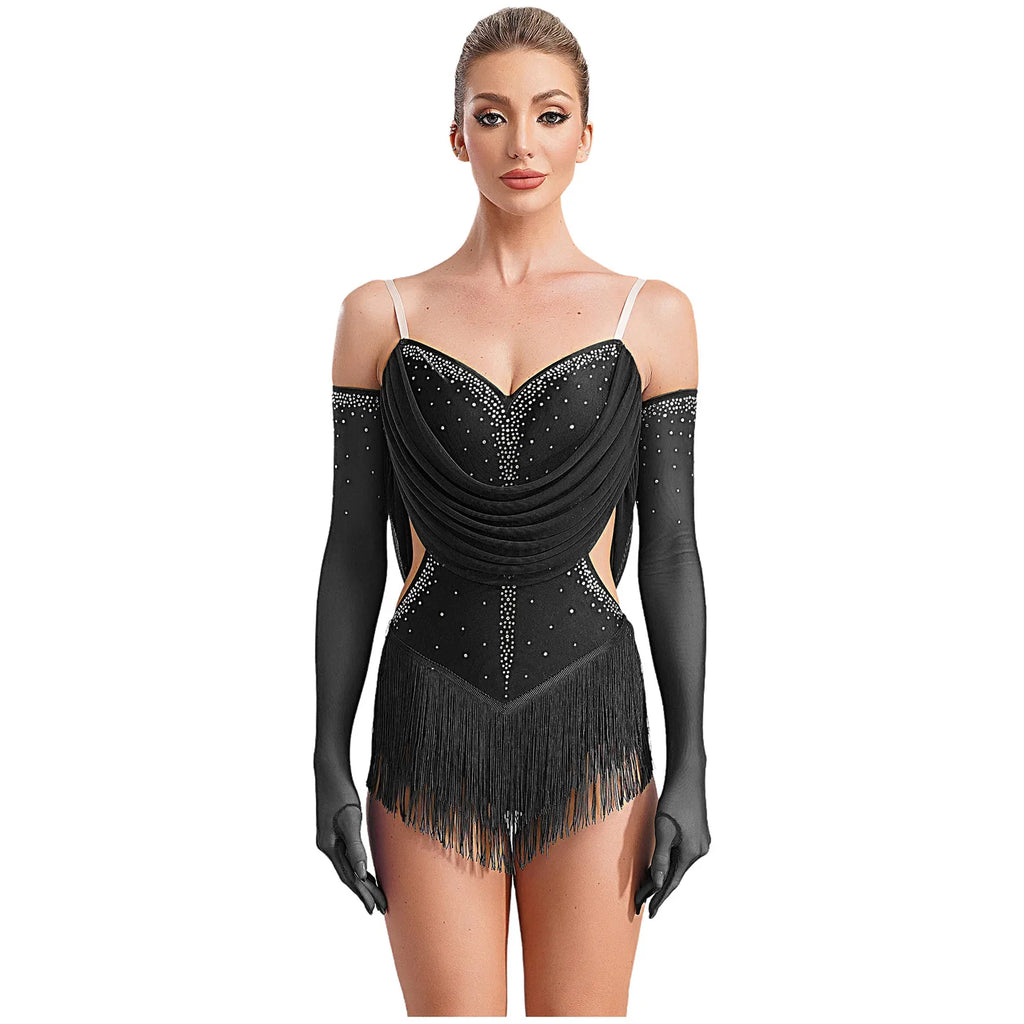 Sparkly Rhinestone & Tassel Fringe Dance Leotard with Gloves Two-Piece Stage Costume